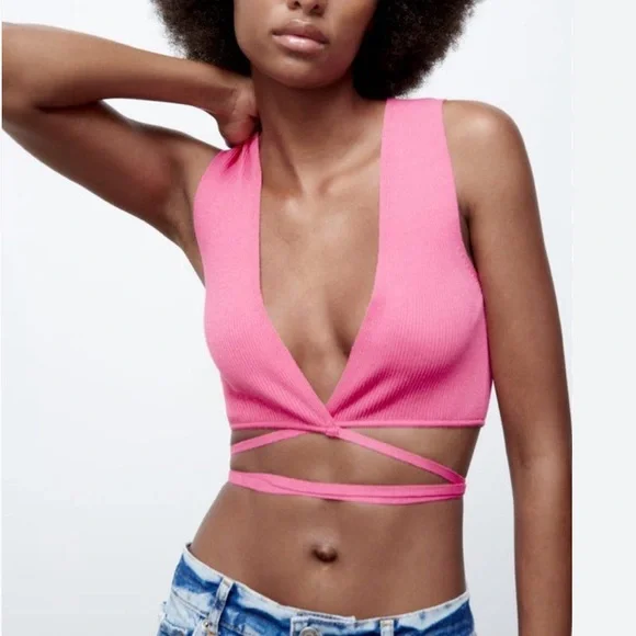 S fluffy tie tops cropped ピンク Blue V Neck Crop Top - Fuzzy Wrap Crop Top - Front Tie Crop Top